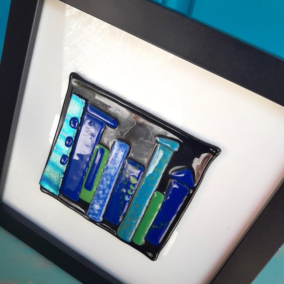 Art Glass Hand Blown Glass Artist Made Framed Wall Art Wall Hanging Fused Glass - Picture 1 of 16